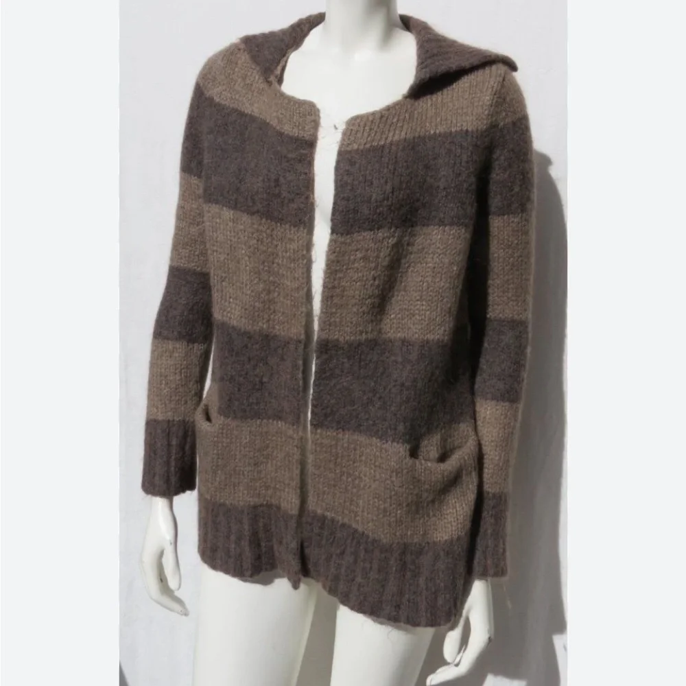 LOFT Mohair Brown Wide Stripe Open Cardigan Sweater XS - Picture 5 of 13